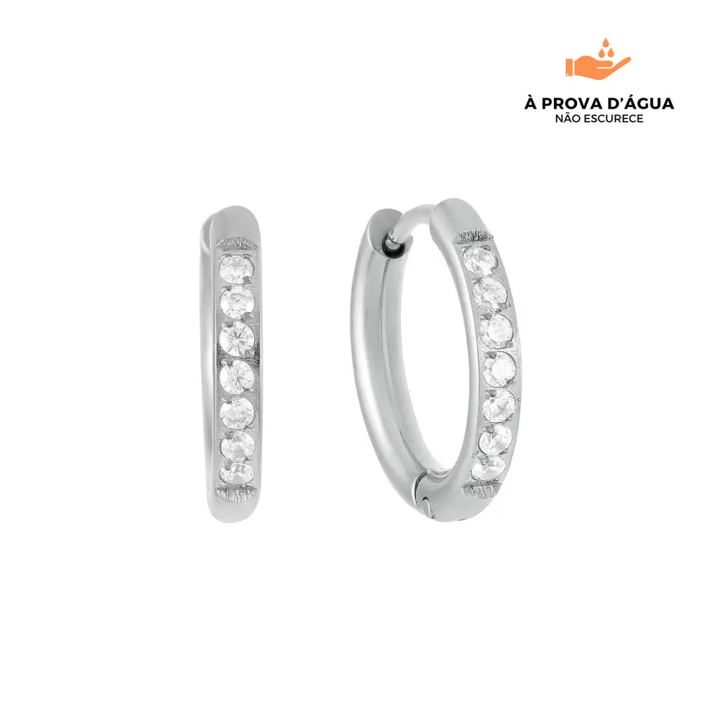 Brincos de Argola com Pedras Brilhantes 10MM Banhados em Prata