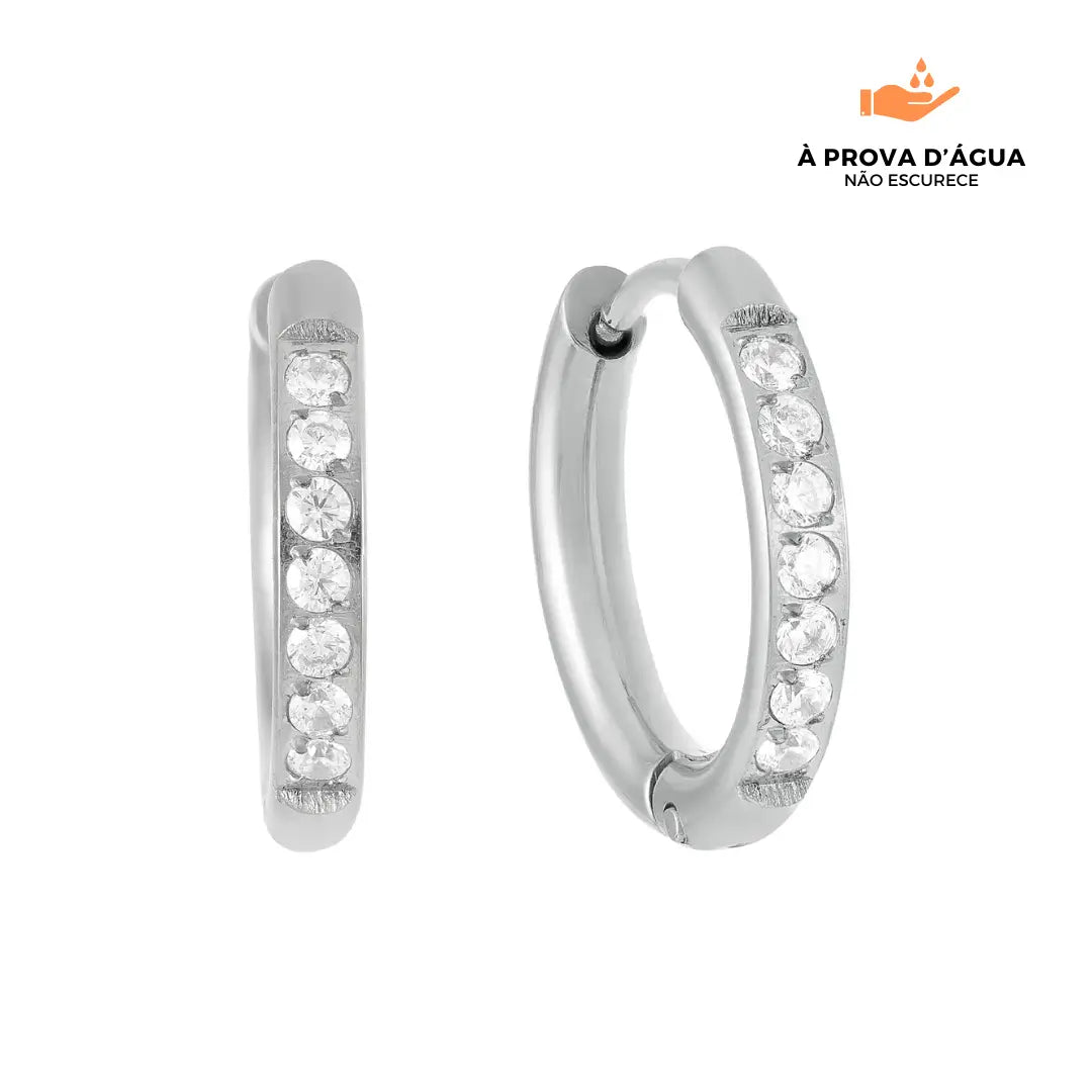 Brincos de Argola com Pedras Brilhantes 12MM Banhados em Prata