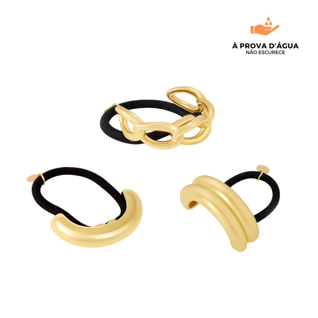 Mix de 3 Elásticos Banhados em Ouro 18k