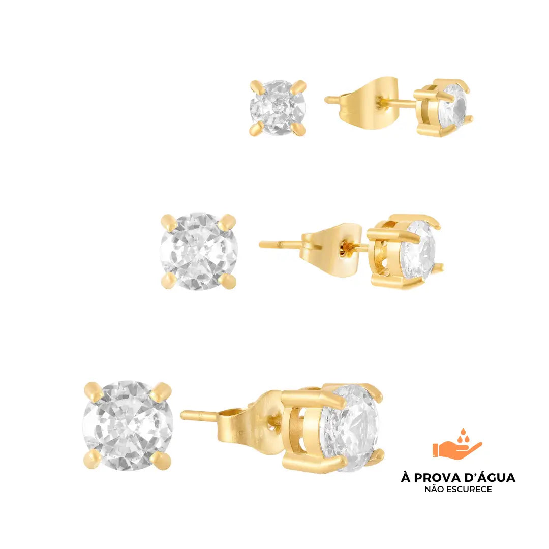 Trio de Brincos Solitário Banhados em Ouro 18k