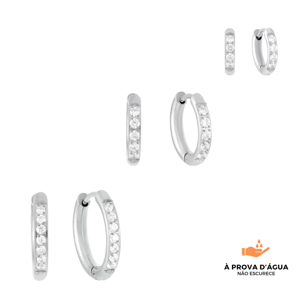 Trio de Brincos de Argola com Pedras Brilhantes Banhados em Prata